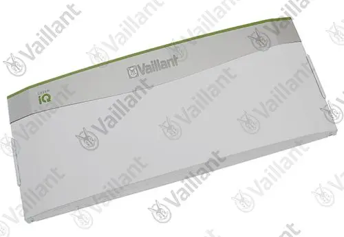 Vaillant Abdeckung in weiß mit grüner Akzentlinie, mit markanten Logos und Schriftzug, zur Verwendung bei spezifischen Geräten des Herstellers.